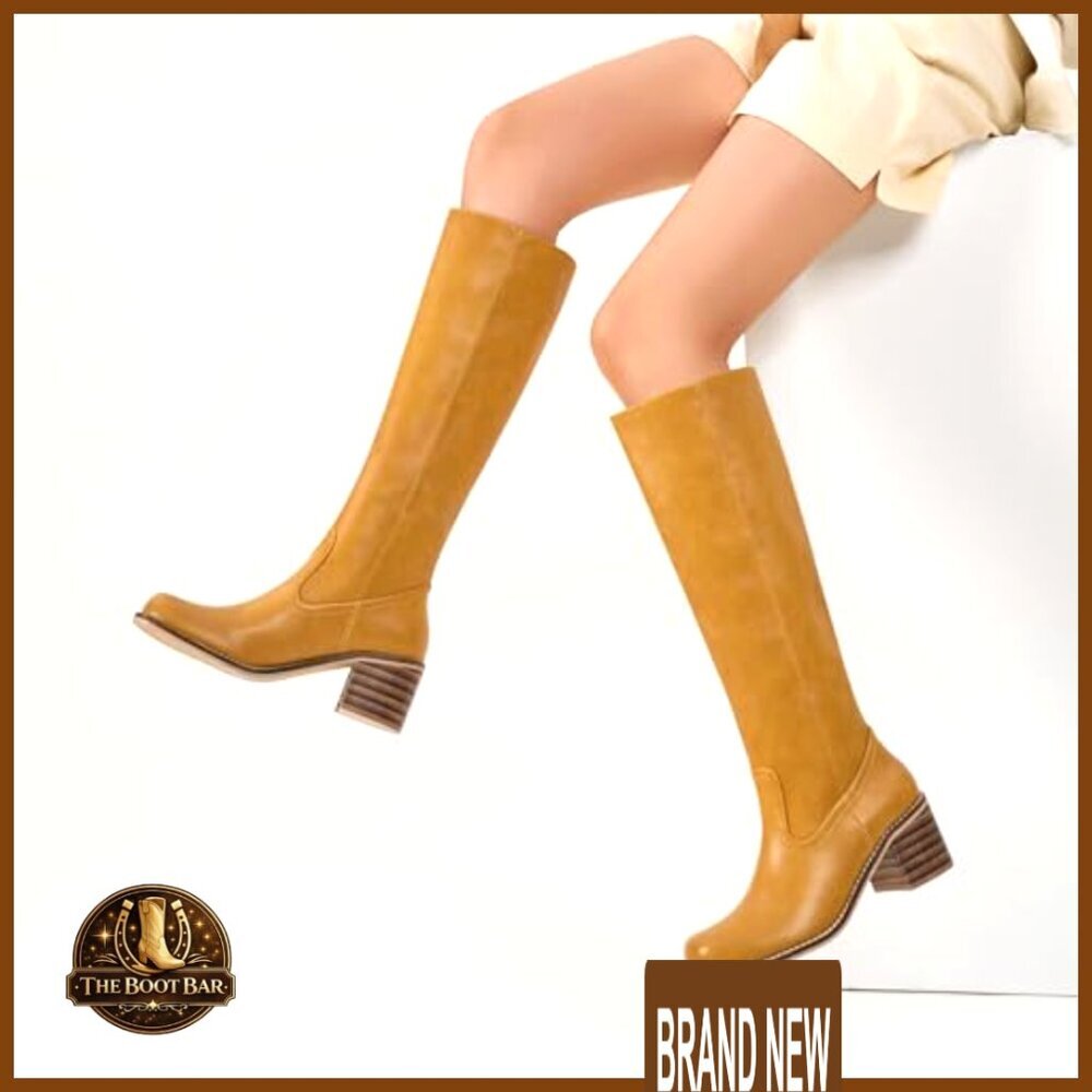 Knee High Boots Square Toe Chunky Block Heel Pull On Tall Boots Women - Picture 5 of 6